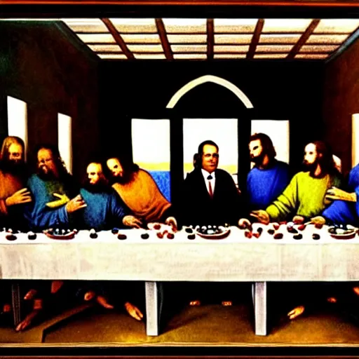Prompt: richard nixon, in a painting, the last supper