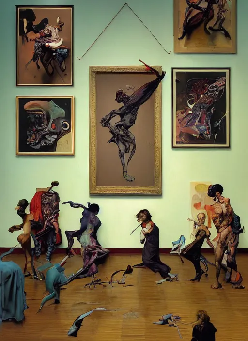 Prompt: realistic detailed image of Contemporary exhibiton with obsidian statues in the style of Francis Bacon, Surreal, Norman Rockwell and James Jean, Greg Hildebrandt, and Mark Brooks, triadic color scheme, By Greg Rutkowski, in the style of Francis Bacon and Syd Mead and Edward Hopper and Norman Rockwell and Beksinski, open ceiling, highly detailed, painted by Francis Bacon, painted by James Gilleard, surrealism, airbrush, Ilya Kuvshinov, WLOP, Stanley Artgerm, very coherent, art by Takato Yamamoto and James Jean