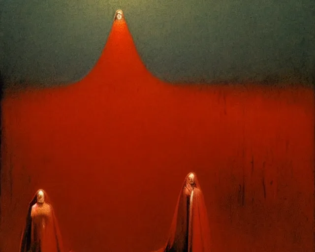 Image similar to by francis bacon, beksinski, mystical redscale photography evocative. devotion to the scarlet woman, priestess in a conical hat, coronation, ritual, sacrament