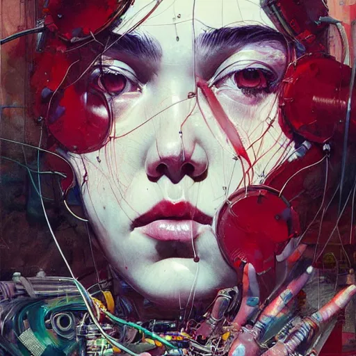 Image similar to florence pugh cyberpunk dreaming, wires cybernetic implants, in the style of adrian ghenie, esao andrews, jenny saville,, surrealism, dark art by james jean, takato yamamoto