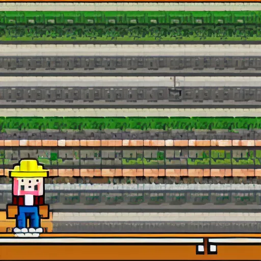 Image similar to a lazy miner, train station background, 8 - bit pixel art. cute.