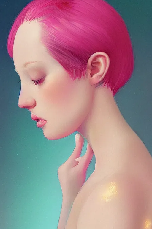 Prompt: “Portrait of a Beautiful pale skin female with short pink hair, elegant, digital painting, highly detailed, artstation, concept art, smooth, sharp focus, gold, neon lighting, illustration, art by Klimt and Ayami Kohima .”