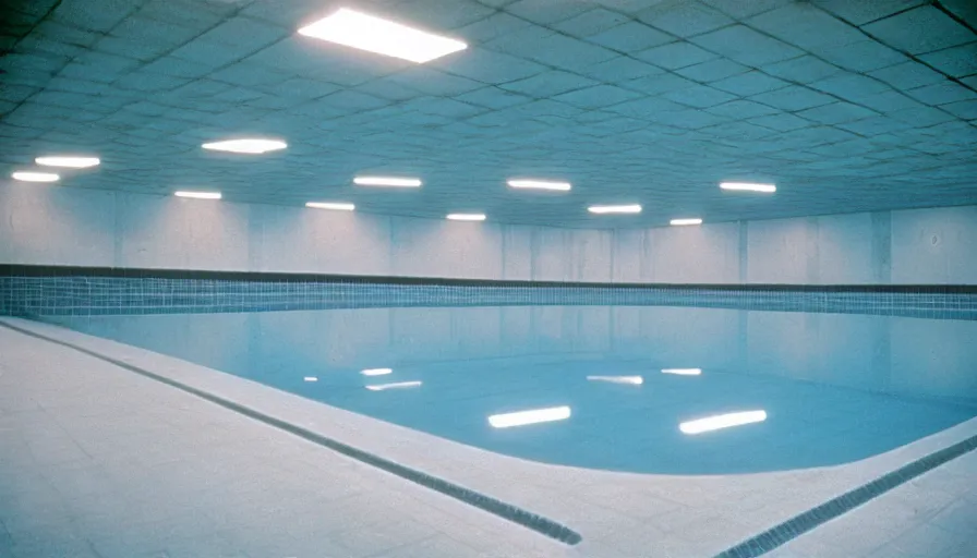Image similar to 1 9 6 0 s movie still of empty blue tiles swimmingpool, cinestill 8 0 0 t 3 5 mm, high quality, heavy grain, high detail, panoramic, ultra wide lens, cinematic composition, dramatic light, flares, anamorphic, liminal space