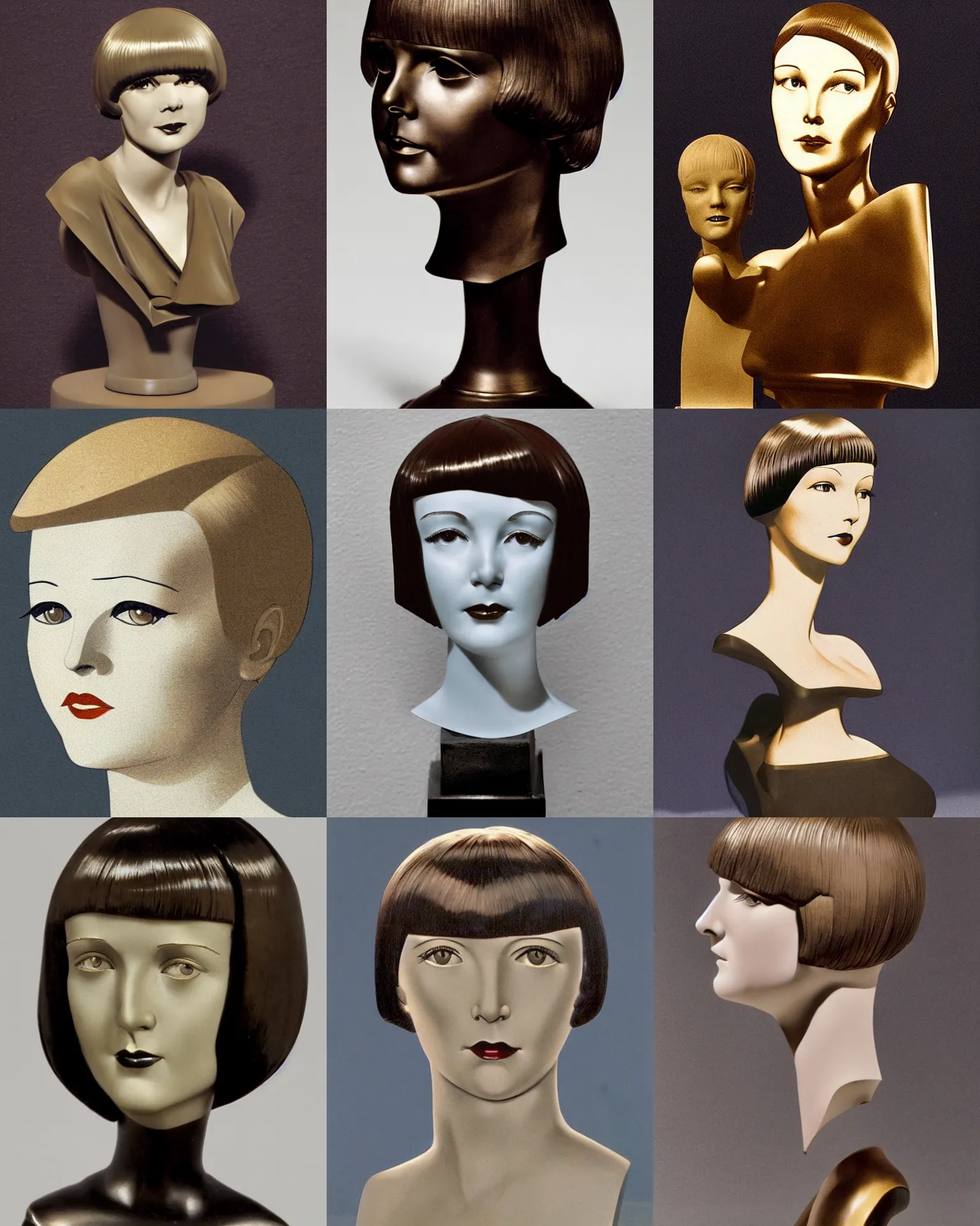 Prompt: bronze bust of mary louise brooks 2 0 years old, bob haircut, portrait by nicolay diulgheroff and patrick nagel, 1 9 2 0 s, art decos