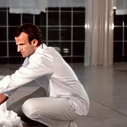 Image similar to Emmanuel Macron washing blood on the floor in American Psycho (1999)