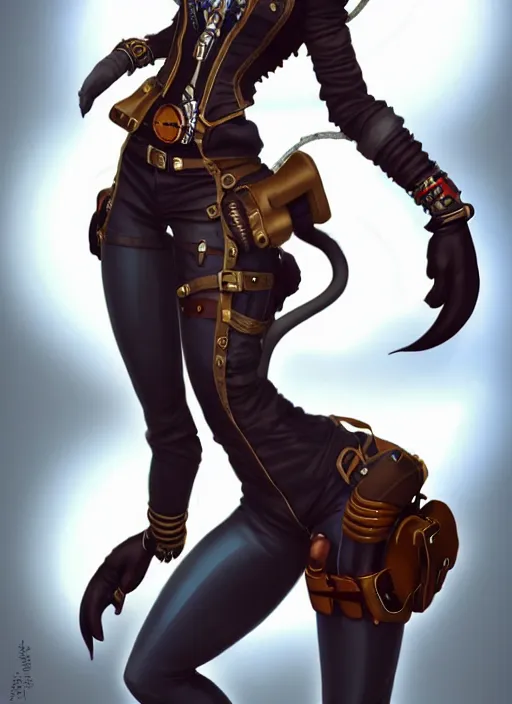 Image similar to wide angle beautiful full body portrait of a strong female anthropomorphic anthro lynx fursona wearing a steampunk leather pants. from behind, character design by disney, anime, manga, charlie bowater, ross tran, artgerm, and makoto shinkai, detailed, soft lighting, rendered in octane, white fur