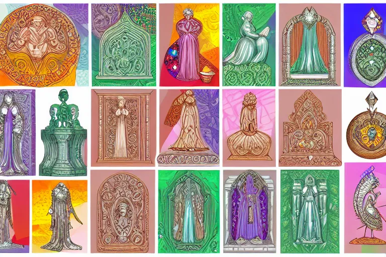 Image similar to illustration of design sheet of sets of various figures carved out of gemstones, prismatic colors, magic trinkets, ornate patterns