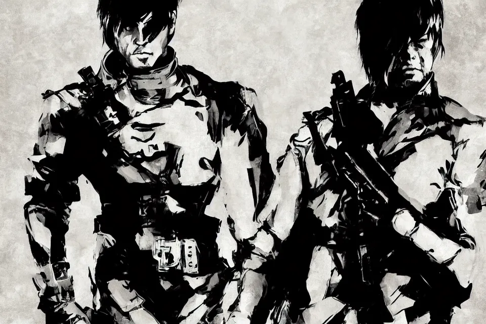 Image similar to a full - body portrait of chow yun - fat holding pistols, in yoji shinkawa's art style, metal gear solid art style highly detailed, 4 k, artistic, white background, b & w