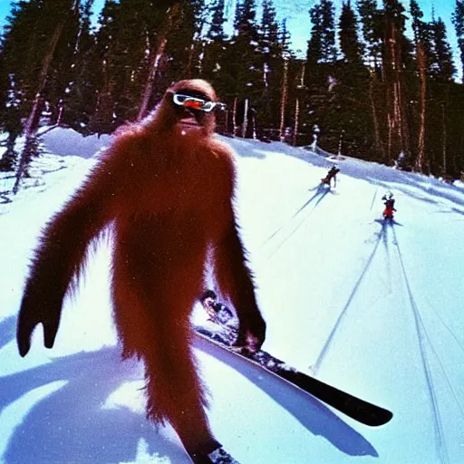 Image similar to GoPro footage of Bigfoot skiing in rad 1990s gear