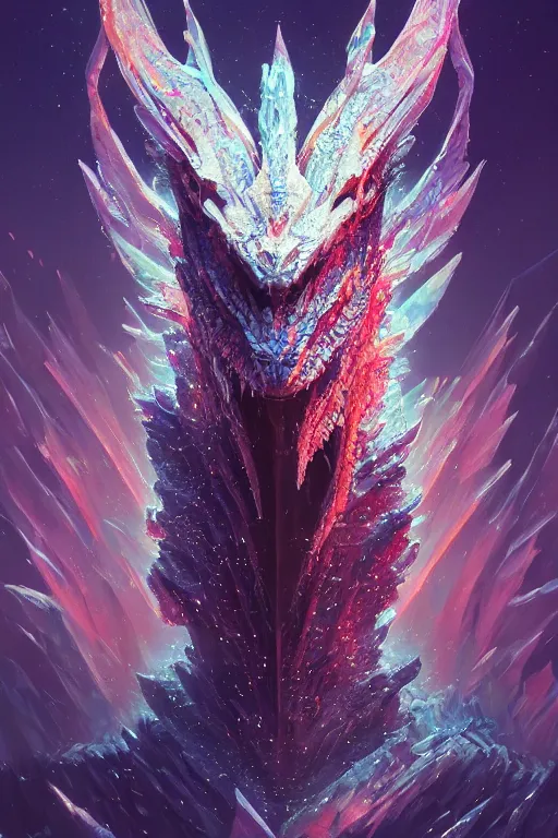 Prompt: A beuatiful portrait of a crystalized dragon by Greg Rutkowski, beeple, Sung Choi, Mitchell Mohrhauser, Maciej Kuciara, Johnson Ting, Maxim Verehin, Peter Konig, final fantasy, macro lens , 8k photorealistic, cinematic lighting, HD, high details, dramatic, dark atmosphere, trending on artstation