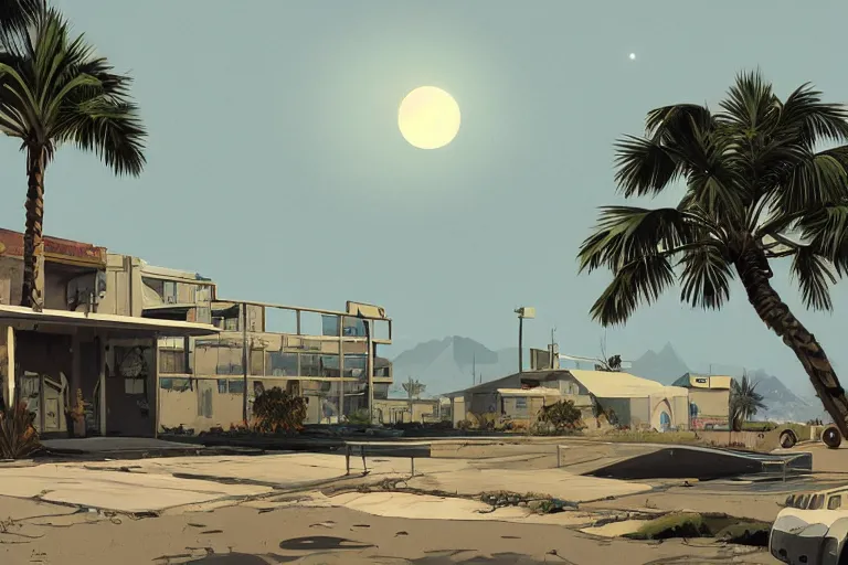 Image similar to broken robot | abandoned motel | palm trees | snowy mountains | moon in sky, painting by syd mead and weta studio and moebius and james jean and frank frazetta, gta san - andreas game screenshot, highly detailed, rule of third, soft lighting, architectural magazine, insanely intricate details, artstation trending, hypermaximalistic, high details, cinematic