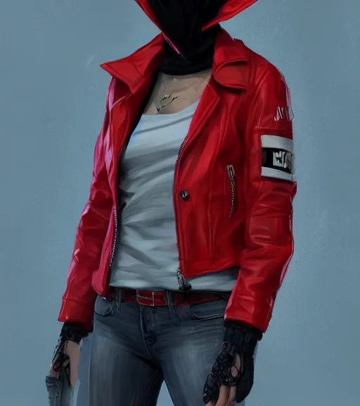 Image similar to a girl wearing a red jacket, punk mask, highly detailed, digital painting, artstation, concept art, smooth, sharp focus, illustration