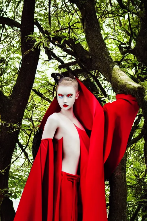 Prompt: An film still of a girl wearing red cape in porcelain and metal and lush branch featured in Vogue and GQ editorial fashion photography, color splash, tilted 35° frame, beautiful eye, symmetry face, Long shot wide shot full shot, haute couture dressed by Givenchy and Salvatore Ferragamo, Canon EF 85mm f/1.4L IS USM