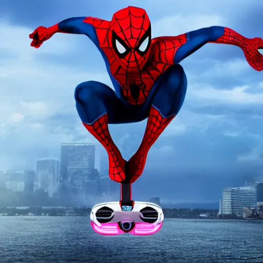 Image similar to spiderman falls of a hoverboard