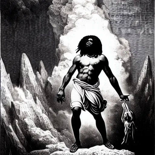 Image similar to cheef keef ascending into heaven holding stacks of cash, biblical image, style of gustave dore, highly detailed, beautiful, high contrast, black and white