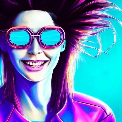 Image similar to closeup painting of a very beautiful young mexican cyberpunk woman with a smile, light blue neon shutter shades!! on her face, and a purple coloured leather jacket, one side haircut, long brown hair with light blue ends, portrait, sci - fi, hyperdetailed, cgsociety, synthwave by tangerine dream, by jean - michel jarre, by vangelis, by john carpenter