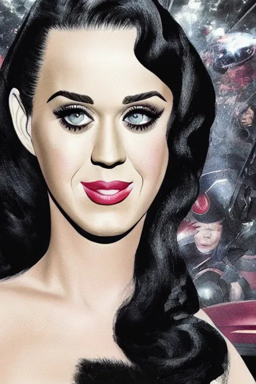 Image similar to katy perry pregnant as black widow in the avengers, portrait realistic photograph, very detailed face