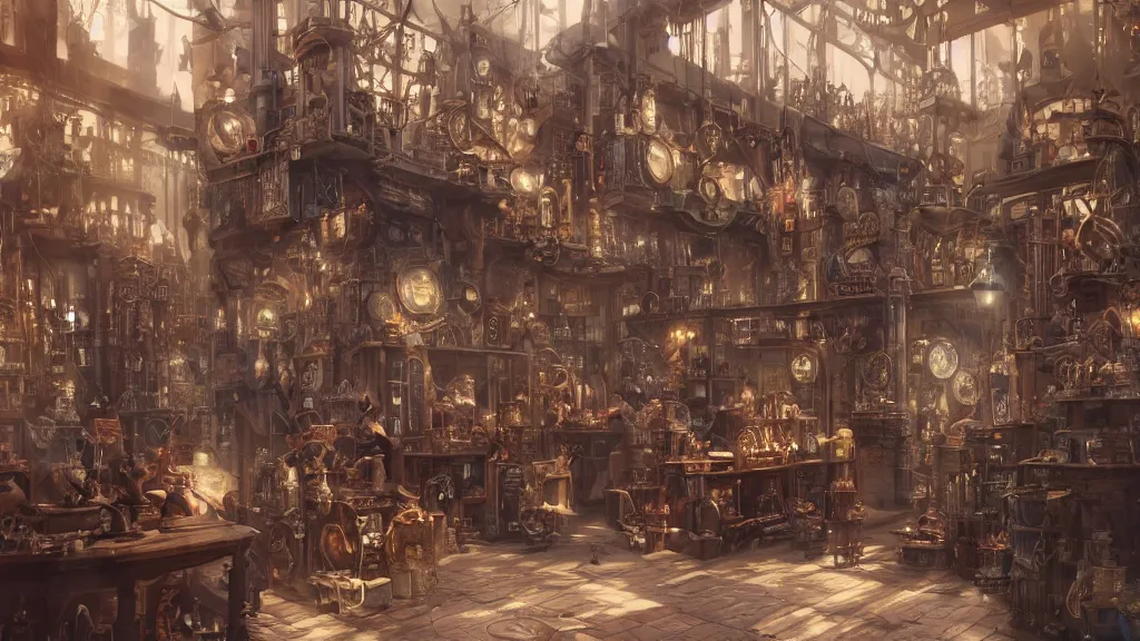 Prompt: A highly detailed image of a steampunk store, by Danar Worya, by Greg Rutkowski, by artgerm, by beeple, with ultra detailed displays of weapons and clockwork machinations densely packed on shelves, volumetric lighting, 4k resolution, octane render, trending on artstation