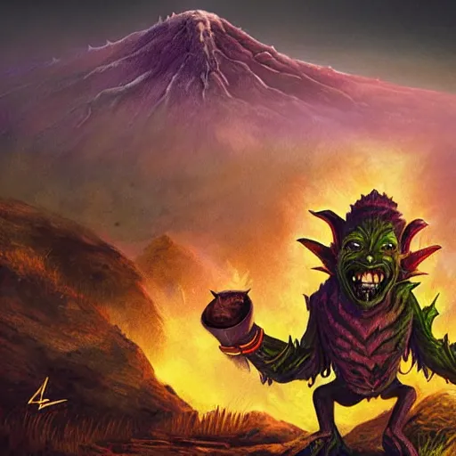 Prompt: a highly detailed goblin with dark skin and yellow eyes that glow, Like magic the gathering, goblin chainwalker, with a volcano in the background, digital art, by Christopher rush