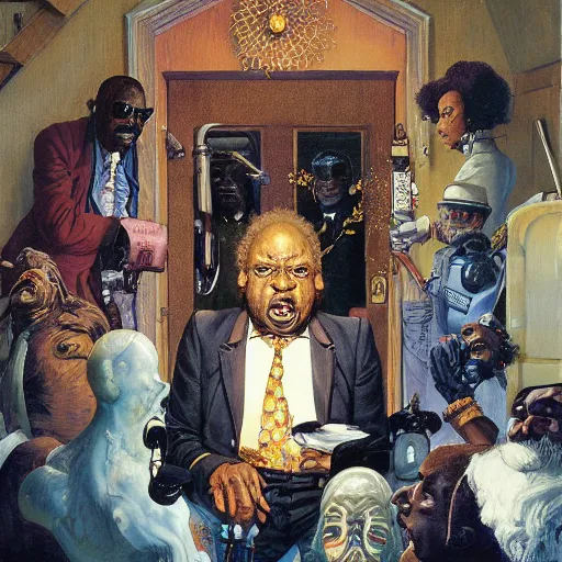 Image similar to dr. uncle ruckus telepathic space lord regally stands at the doorway of his palatial manse jamie wyeth greg rutkowski ralph steadman fernando botero norman rockwell acrylic painting