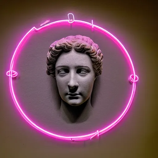 Image similar to a 3 d neon circle surrounding the head of a renaissance statue