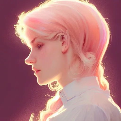 Image similar to portrait of a scottish teenage girl with pinkish blonde hair, glowing skin, delicate features, nerdy, fantasy, intricate, elegant, dress shirt, highly detailed, digital painting, artstation, concept art, smooth, sharp focus, illustration, art by Krenz Cushart and Artem Demura and alphonse mucha