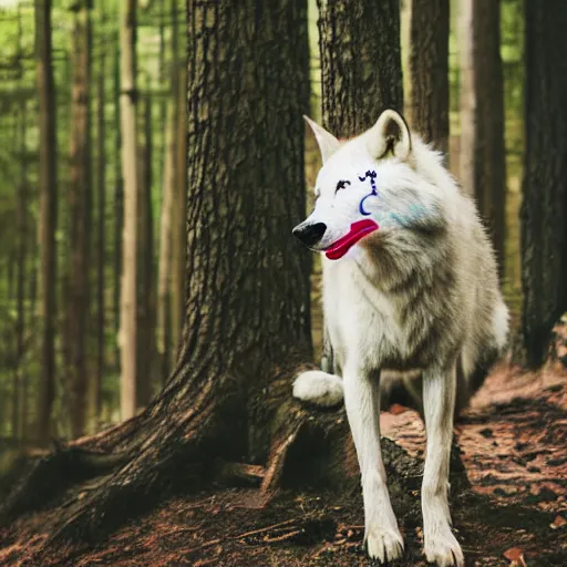 Prompt: Princess Mononoke as a real person, asian woman with red facepaint, determined expression, looking at the camera, standing next to a white wolf, in a forest, telephoto, backlit, 85mm lens, f1.8, highly detailed