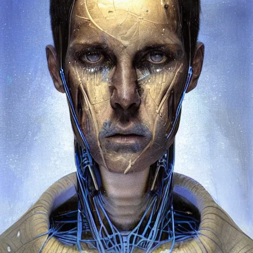 Image similar to surreal portrait of a man by Greg Rutkowski, symmetrical face, he is about 50 years old, short black hair with bangs, his features are a mix between French, Turkish and Russian, transformed into a kind of biomechanical transhuman god, blue glowing eyes, expression of epiphany and determination, cosmic void background, frightening, fascinating, highly detailed portrait, digital painting, book cover, artstation, concept art, smooth, sharp foccus ilustration, Artstation HQ