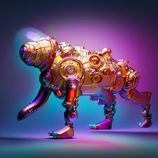 Image similar to iridescent opalescent cyborg animal in candyland, warm tones : by michal karcz, daniel merriam, victo ngai and guillermo del toro : ornate, dynamic, particulate, intricate, elegant, highly detailed, centered, artstation, smooth, sharp focus, octane render