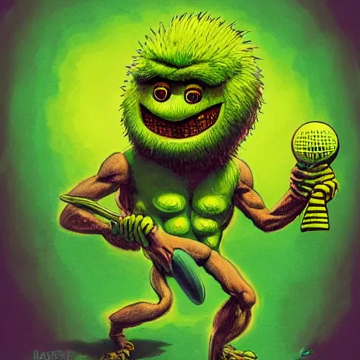 Image similar to a tennis ball monster shrugging, digital art, fantasy, magic, trending on artstation, ultra detailed, professional illustration by Basil Gogos