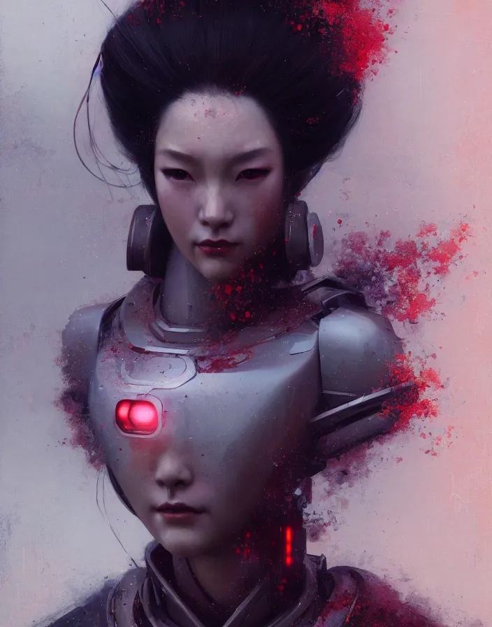 Prompt: portrait of a geisha robot by greg rutkowski and ruan jia, mecha, washed colors, dark, gloomy, matte painting, unreal engine 5