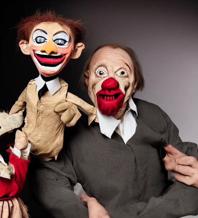 Image similar to hyper realistic photography of horror ventriloquist with wooden puppet