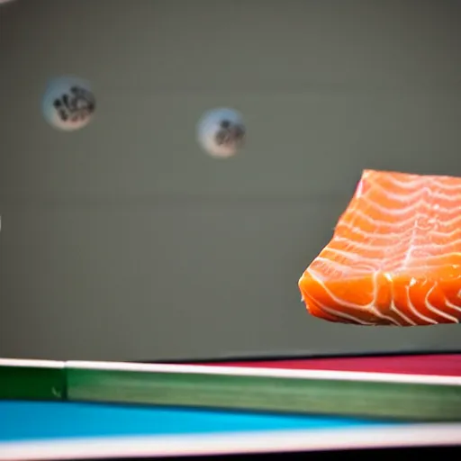 Image similar to raw salmon playing ping - pong, photograph, action shot