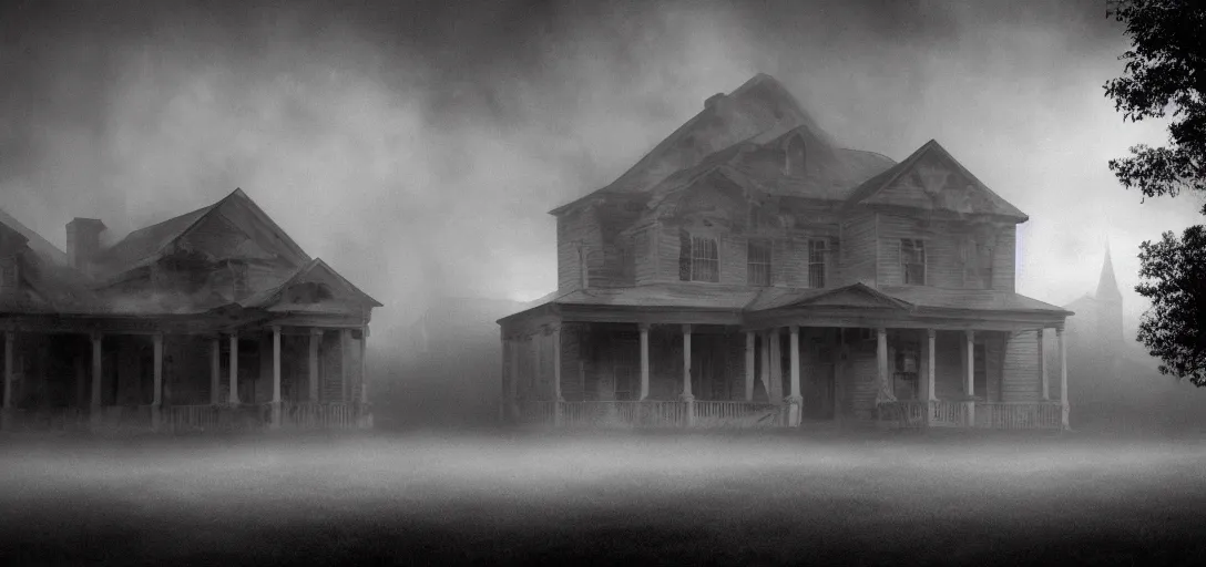 Image similar to opening cinematic shot from a horror movie about a haunted house, establishing shot, wide angle lens, dramatic lighting, fog, southern gothic