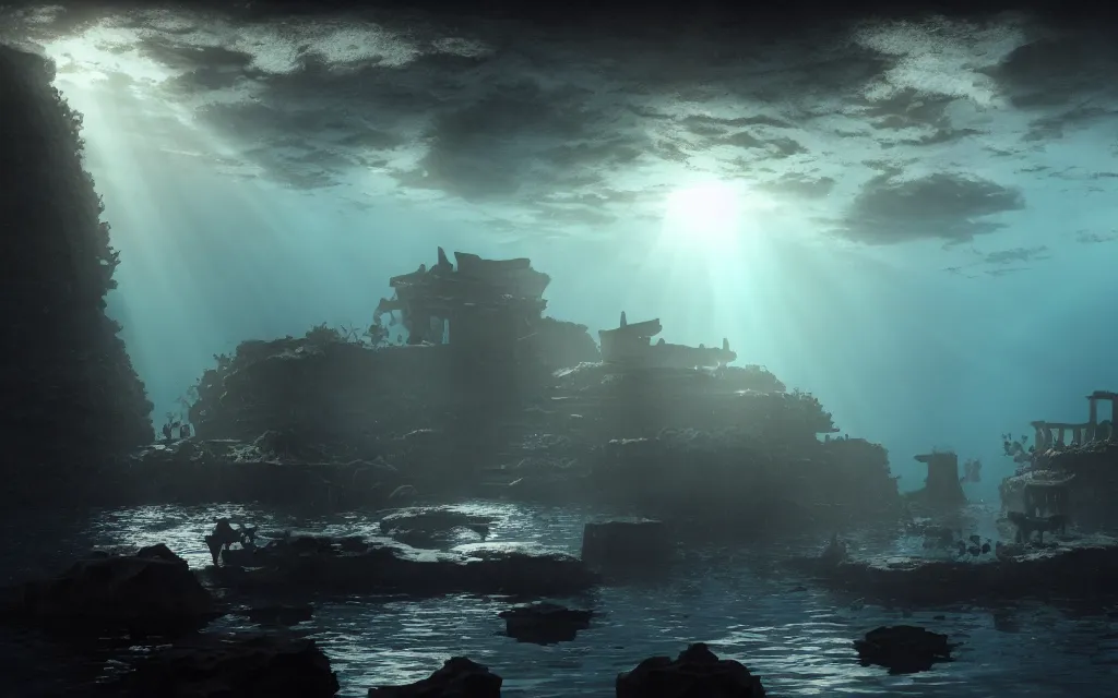 Image similar to wide shot, submerged pre - incan temple, dark, grenada underwater sculpture park, bubbles, abyss, stylized, anime style mixed with fujifilm, detailed gouache paintings, crepuscular rays, dark, murky, foggy, atmospheric, artstation, cgsociety, octane render, cgi, unreal engine 5, denoise, cinematic masterpiece