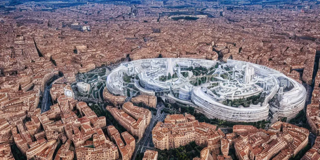 Prompt: utopian city made out of glistening, white marble, fusion between historical and modern futuristic architecture, rome, 4k aerial photo