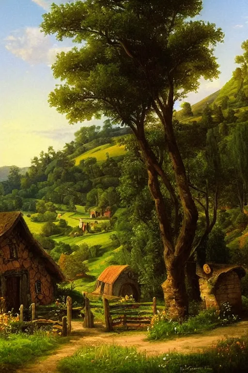 Prompt: asher brown durand oil painting on canvas of tolkien's the shire hobbiton