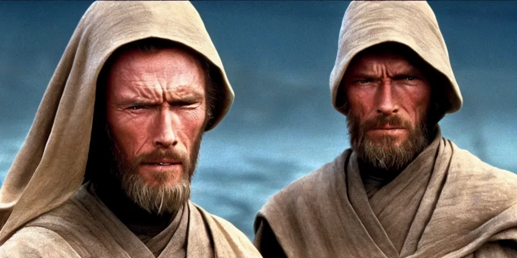 Image similar to Still of Clint Eastwood as jedi master Obiwan kenobi!!!!. in Star Wars (1977). detailed eyes. medium shot, technicolor.