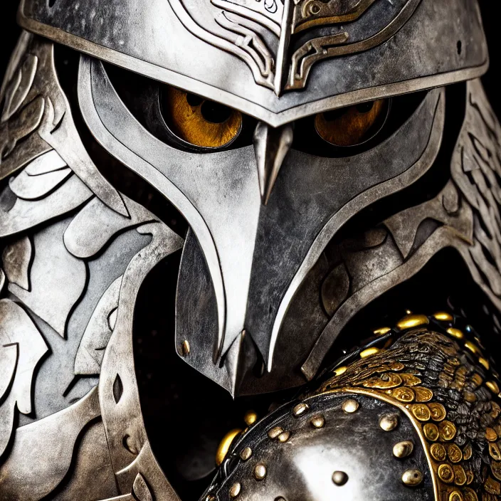 Prompt: portrait photograph of a warrior with metal owl armour. Extremely detailed. 8k