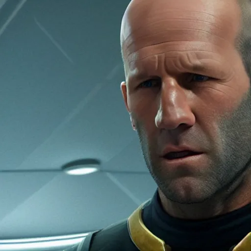 Prompt: ultra - realistic photo of jason statham as jean luke picard telling the bridge of the enterprise to engage.