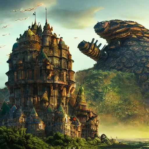 Prompt: giant tortoise with a large fantasy castle rising from the top of it, distant shot birds eye view, fantasy, hyper detailed, 4 k, howls moving castle, mortal engines, kaiju,