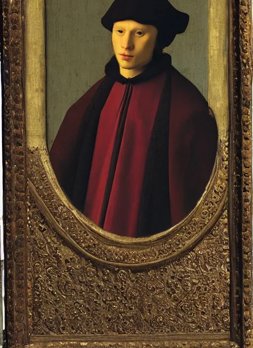 Image similar to portrait of a young king, medieval painting by Jan van Eyck, Johannes Vermeer, Florence