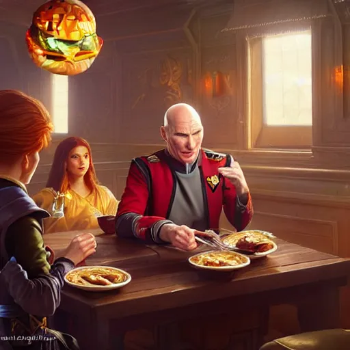 Prompt: Captain Picard eating big macs, dripping BBQ Sauce, serving happy meals, D&D, spilling ketchup, fantasy, intricate, elegant, highly detailed, digital painting, artstation, concept art, matte, sharp focus, illustration, hearthstone, art by Artgerm and Greg Rutkowski and Alphonse Mucha