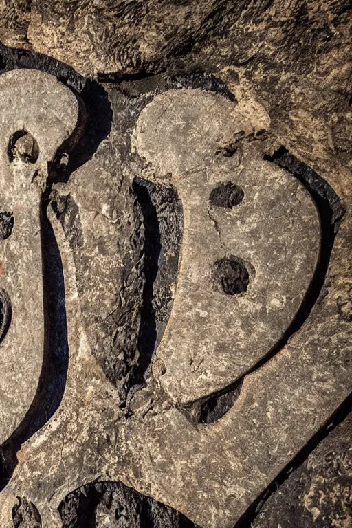 Image similar to 4 k photography of petroglyphs representing crosses, ufo, yin yang symbol on a cave