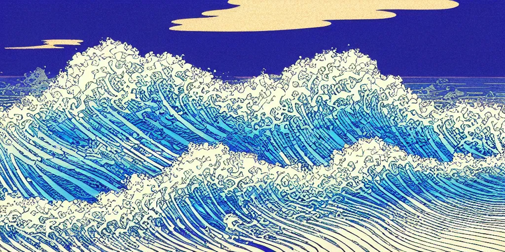 Image similar to clouds and waves, An aesthetically pleasing, dynamic, energetic, lively, complex, intricate, detailed, well-designed digital art of a beach, ripples, waves, sea foam, light and shadow, overlaid with aizome patterns, Shin-hanga by Bob Ross, traditional Japanese colors, superior quality, masterpiece