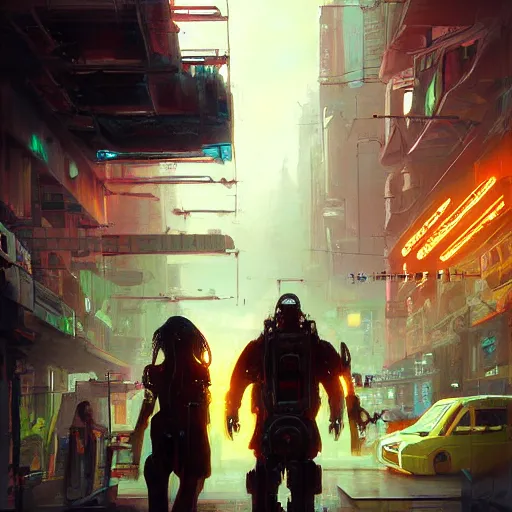 Image similar to Cyberpunk city, street vendors, citizens, augmented cyborgs, robots, skyscapers, buildings, clouds, sunset, painted by seb mckinnon, high detail, digital art, trending on artstation