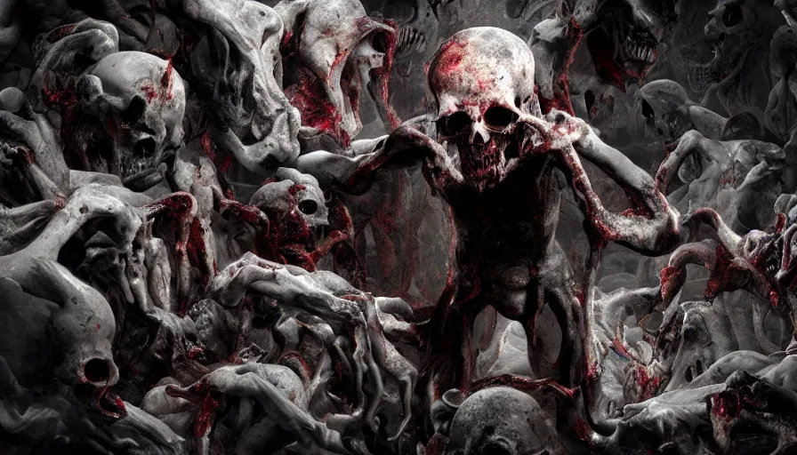 Prompt: a beautiful high - quality photo of an entity of pure darkness walking through gory marble hell, devouring happiness and souls, dismembering people, body horror, depression, despair, bloody void, cosmic horror, volumetric lighting, hyperrealistic, very detailed, 8 k