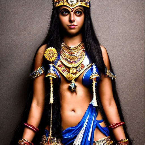 Prompt: blue - skinned indian goddess with six arms, symmetric, aesthetic!!!, cosplay, studio lighting