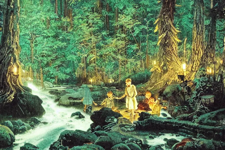 Image similar to a scenic view of a phatom flowing in the middle of a magical forest at night, detailed, cinematic, dramatic scene, retro illustration by Norman Rockwell.