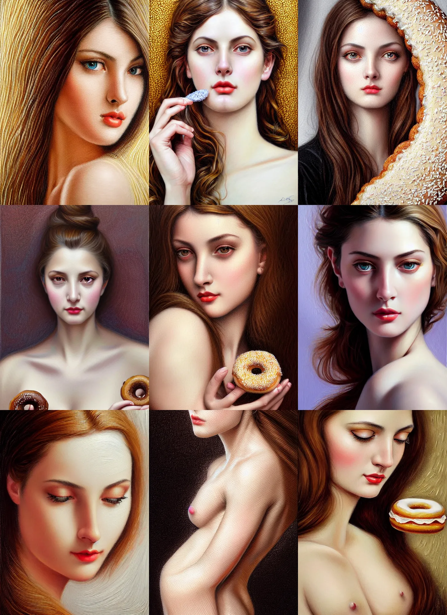 Prompt: very detailed stunning deep eyes, amazing textured brush strokes, accurate shape, fantasy, intricate, elegant, highly detailed, lifelike, photorealistic, digital painting, artstation, illustration, concept art, smooth, sharp focus, A young woman in The City of Lisbon in a doughnut shop,clear curvy details, art by John Collier and Albert Aublet and Krenz Cushart and Artem Demura and Alphonse Mucha